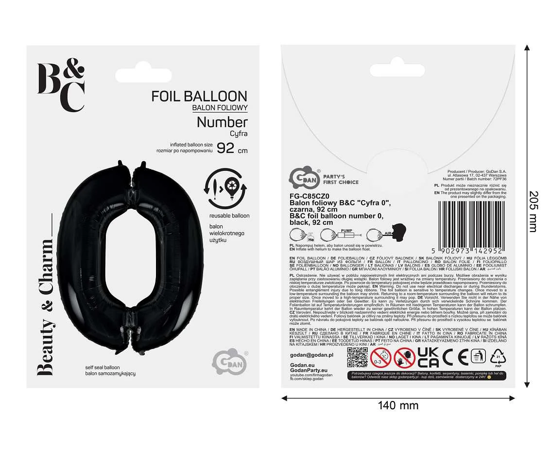Balon foliowy B&C Cyfra 0 czarna, 92 cm AA